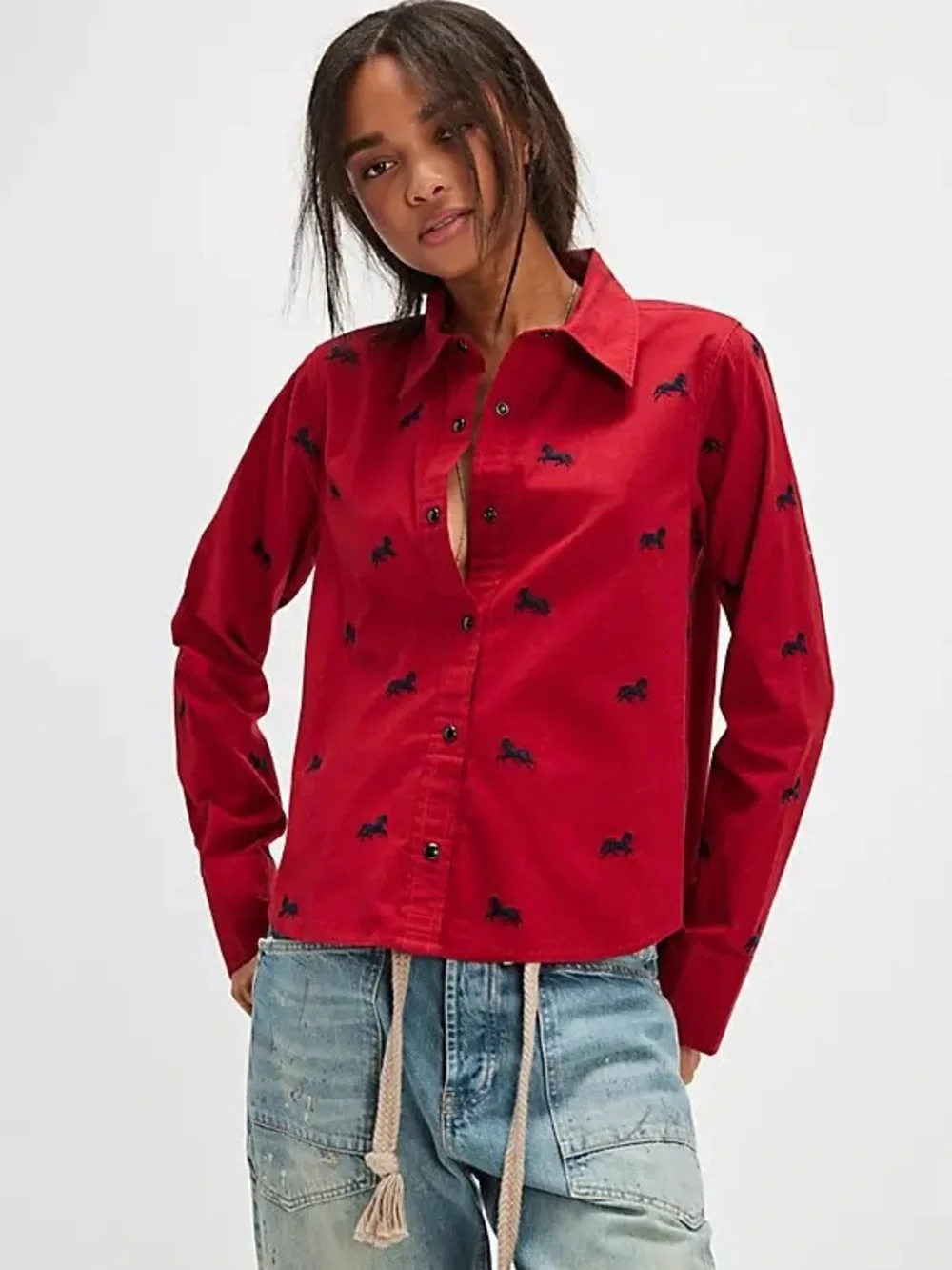Free People Red Button-Down Shirt with Navy Embroidered Horses